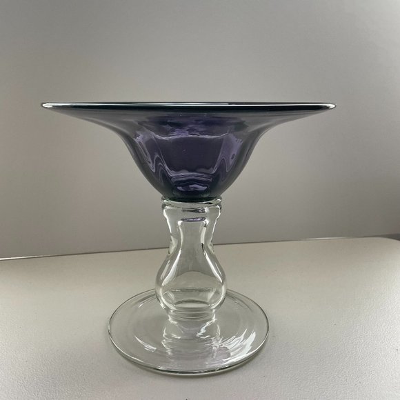 Vintage Pedestal Amethyst Handblown Glass Fruit Bowl Candy Dish 8.25" tall